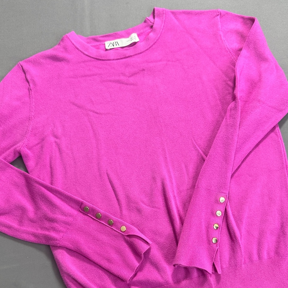 Zara Womens Vibrant Magenta Long Sleeve Top Crew Neck Large Pink Fuchsia L